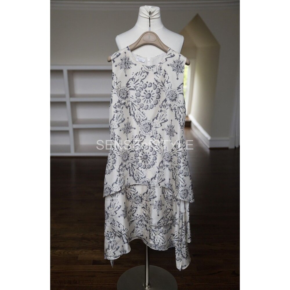 Brunello Cucinelli Silk Elegant dress ruffle summer print top designer size XXS